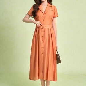 Burnt Orange Belted Midi Dress